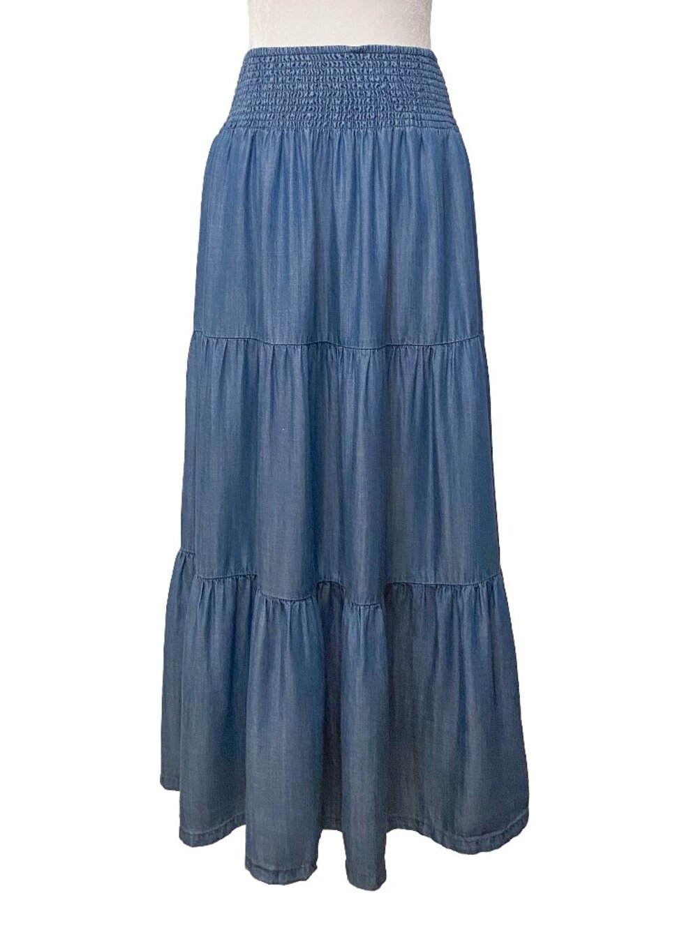 MARINE LAYER Blue Denim-Look Tencel Tiered Maxi Skirt M Fall Western Coastal